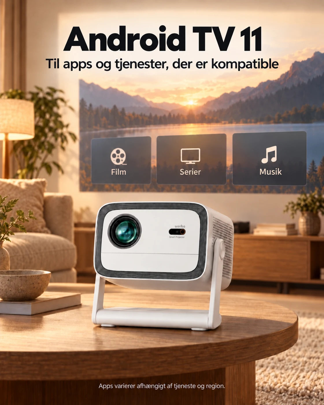 ProjektorLand Panorama-projektor – 900 ANSI lumen, oprindelig Full HD 1080p, Android TV 11, autofokus og 200° justerbar stativ