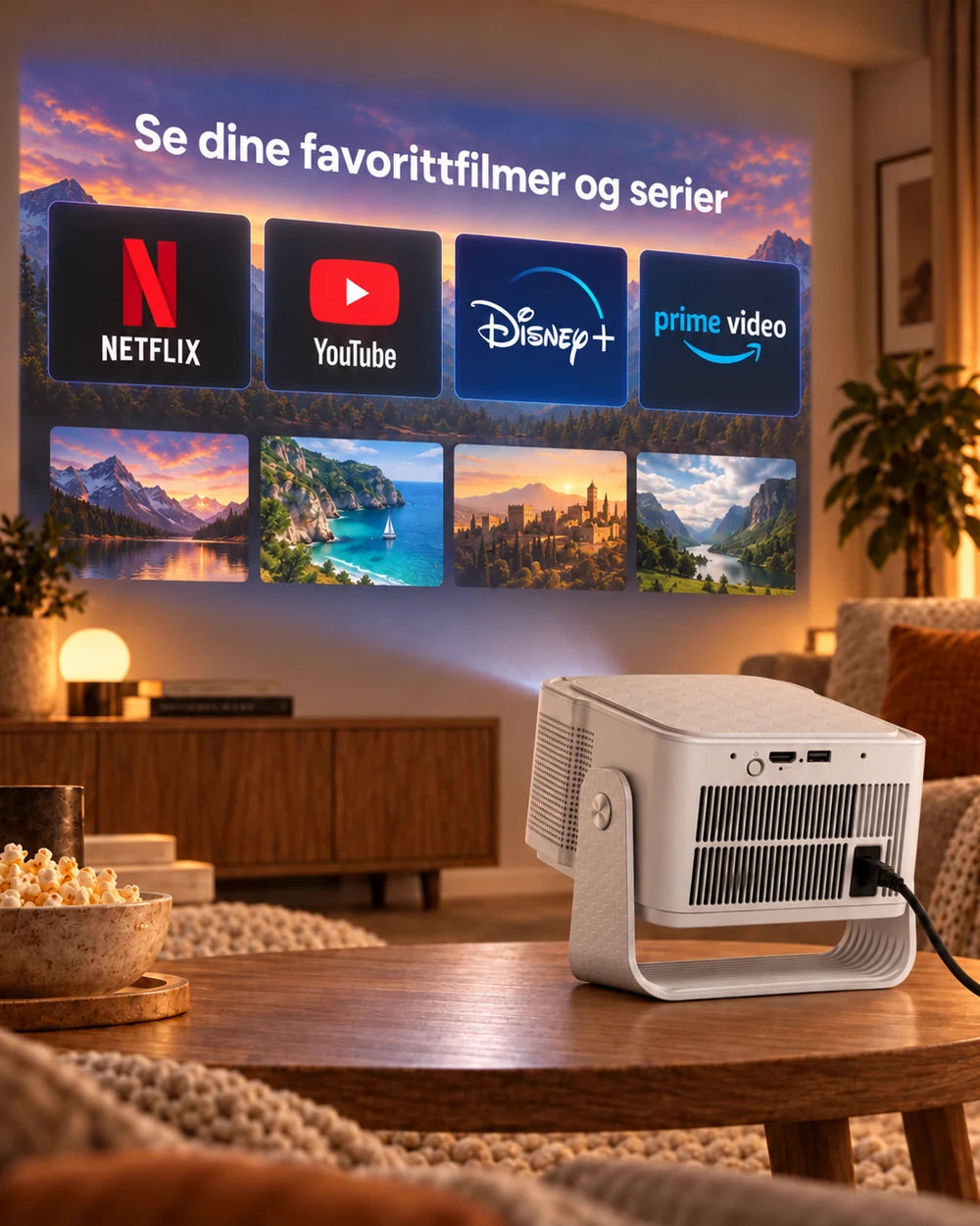 Projektor Projektorland Horizon Max – 600 ANSI-lumen, Full HD 1080p, autofokus, Android 14, Wi-Fi 6 og Bluetooth 5.4