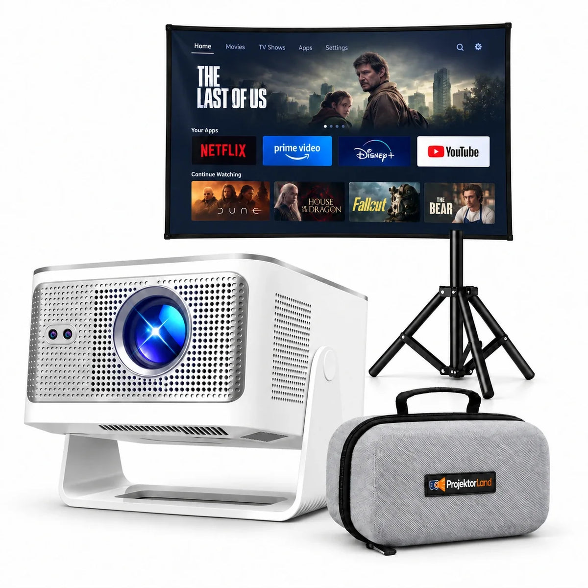 Horizon Max Beamer mit Leinwand, Stativ und grauer Schutztasche