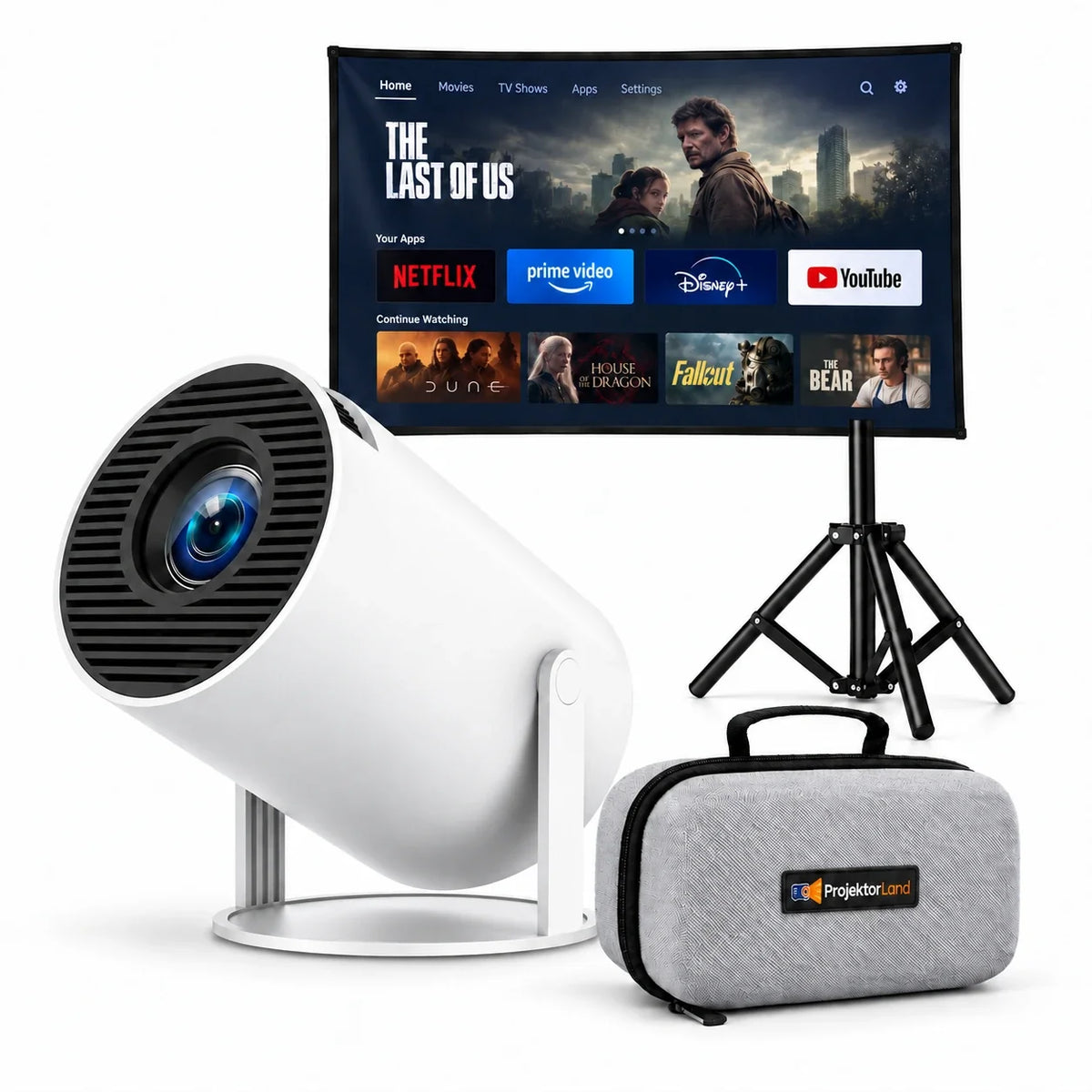 Luma Compact Beamer mit Leinwand, Stativ und grauer Schutztasche