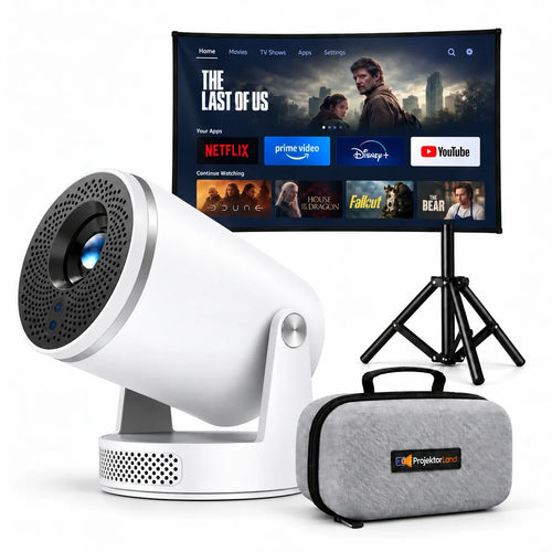 Luma Pro Beamer mit Leinwand, Stativ und grauer Schutztasche