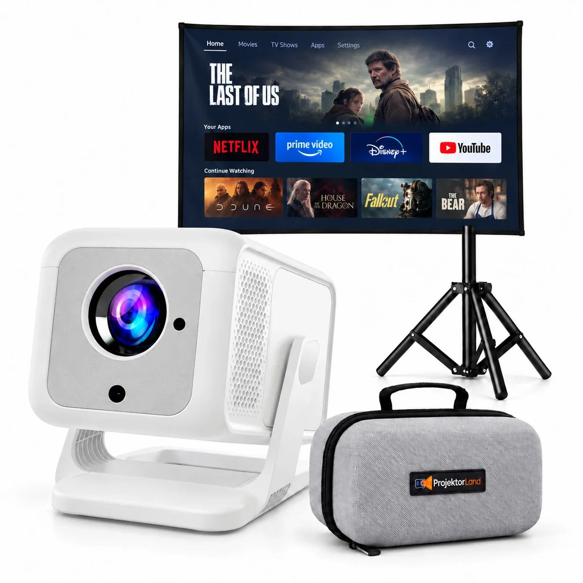 Nova Plus Beamer mit Leinwand, Stativ und grauer Schutztasche