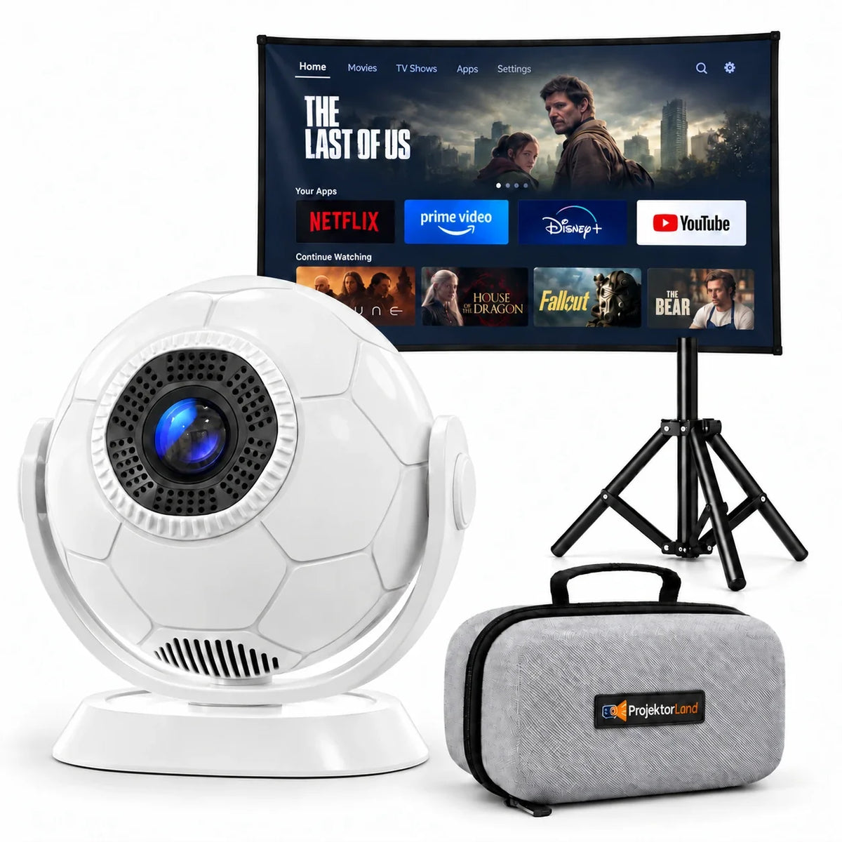 Miniprojektor Projektorland Orbit – 300 ANSI-lumen, Android 14, Wi-Fi, Bluetooth 5.4 och 35–135 tum