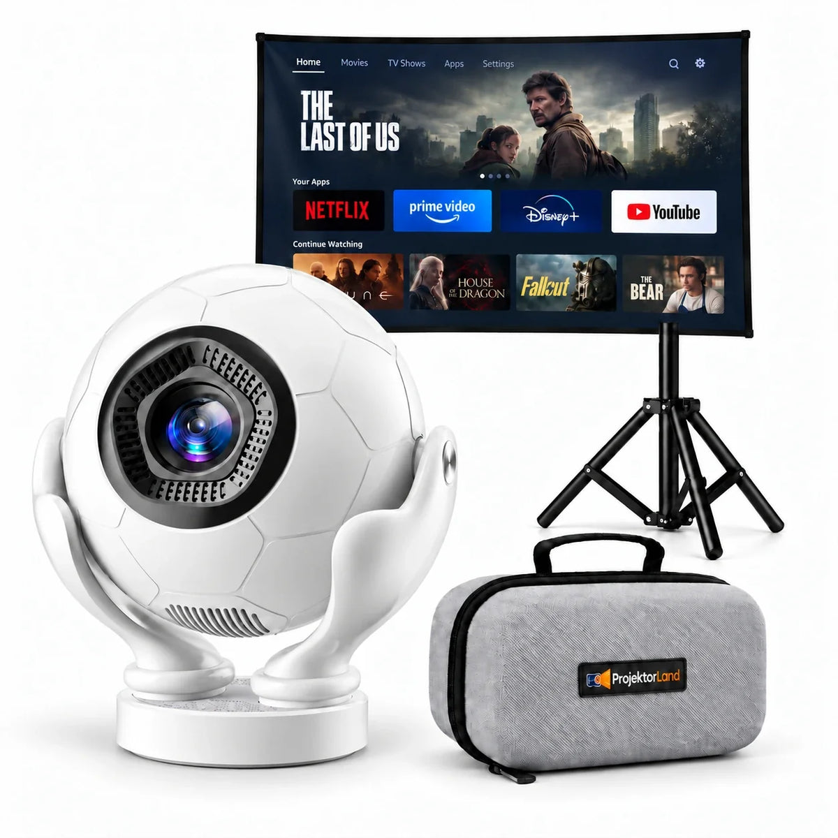 Orbit Pro Beamer mit Leinwand, Stativ und grauer Schutztasche