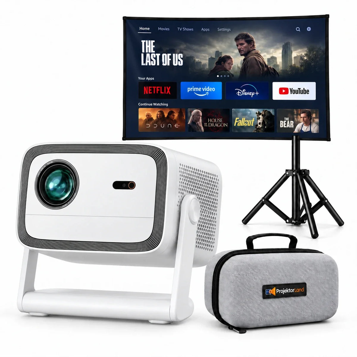 Panorama Beamer mit Leinwand, Stativ und grauer Schutztasche