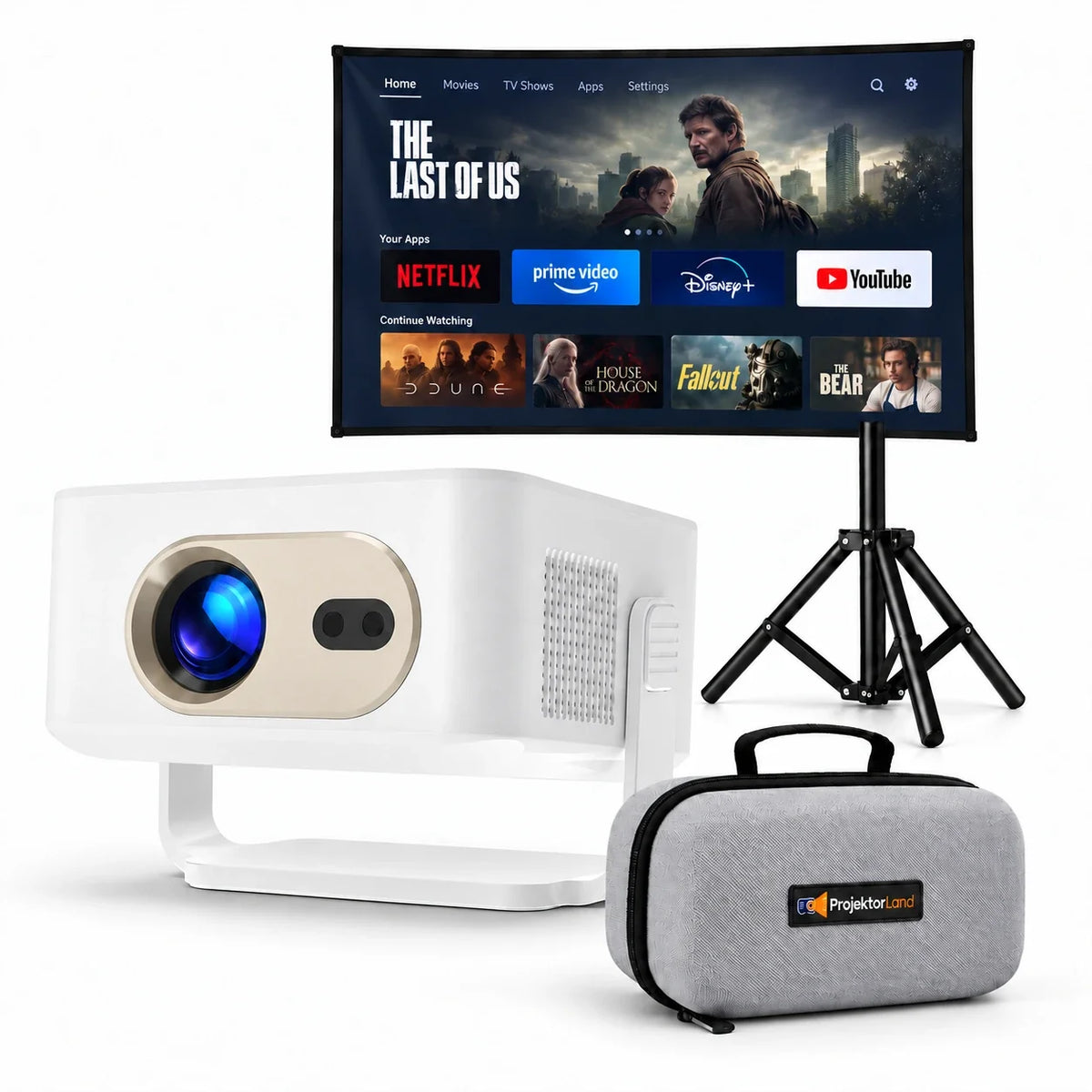 Vista Beamer mit Leinwand, Stativ und grauer Schutztasche