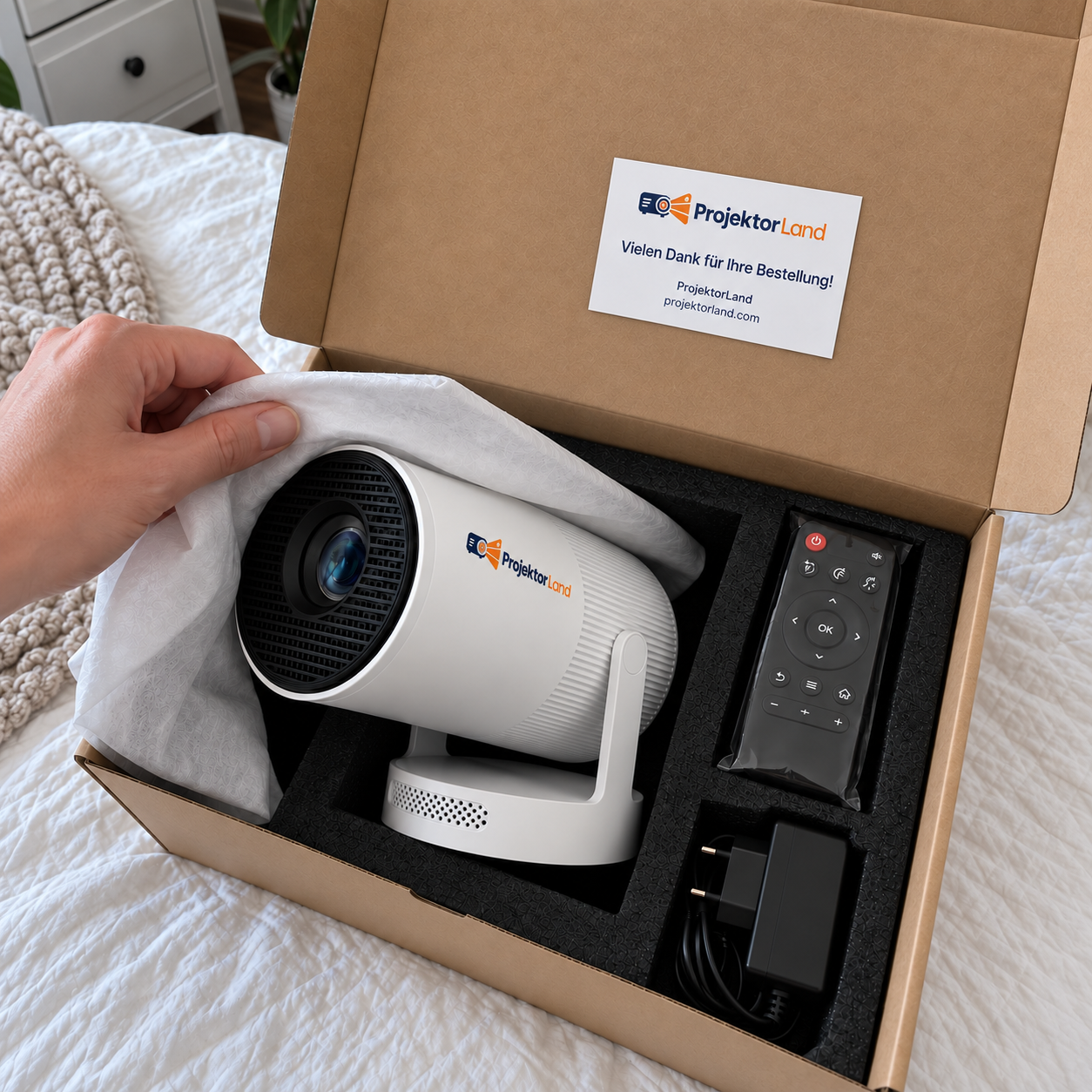 Luma One Mini-Beamer mit Fernbedienung und Netzteil in geöffneter Verpackung