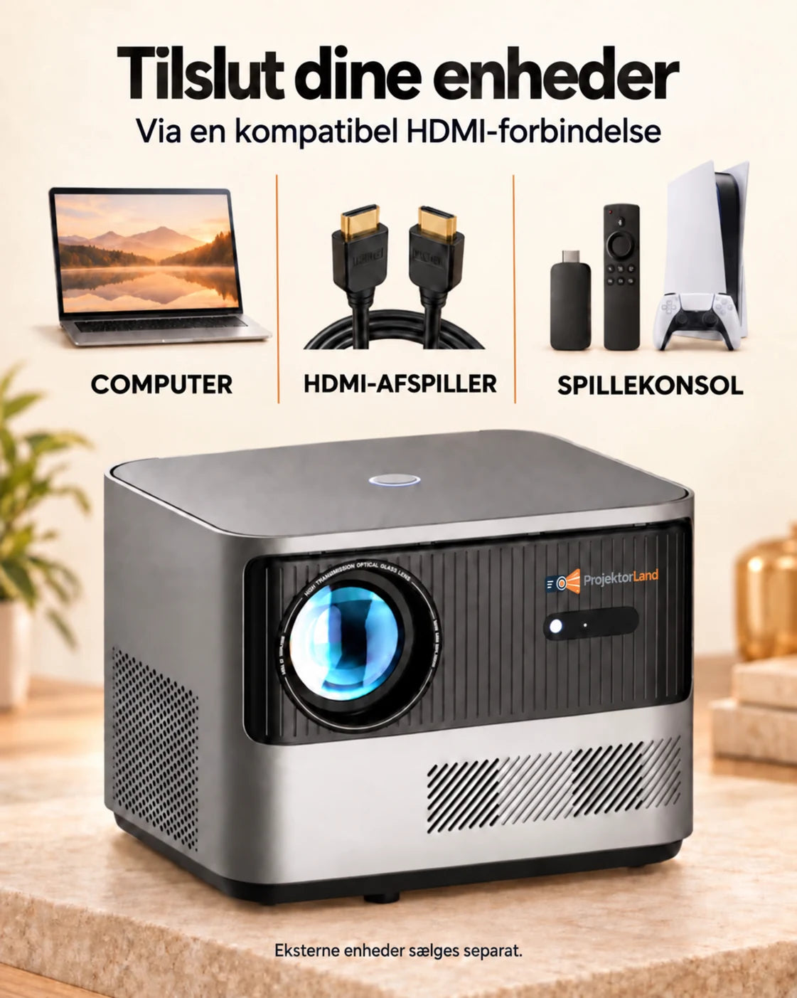 ProjektorLand Grand Cinema projektor – 4K-kompatibel, oprindelig Full HD 1080p, 580 ANSI lumens, HDMI og USB