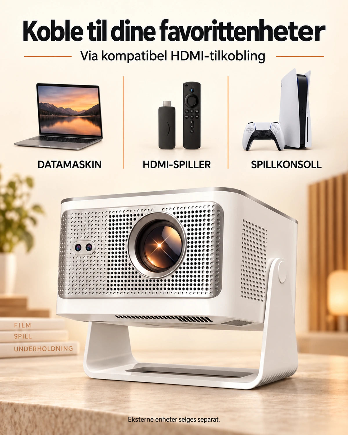 Projektor Projektorland Horizon Max – 600 ANSI-lumen, Full HD 1080p, autofokus, Android 14, Wi-Fi 6 og Bluetooth 5.4