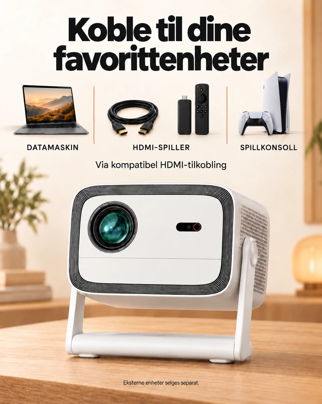 Projektor Projektorland Panorama – 900 ANSI-lumen, Full HD 1080p, Android TV 11, autofokus og 200° stativ