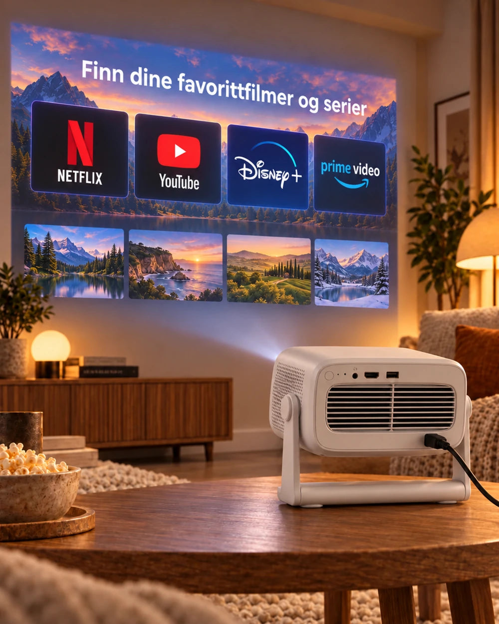 Projektor Projektorland Panorama – 900 ANSI-lumen, Full HD 1080p, Android TV 11, autofokus og 200° stativ